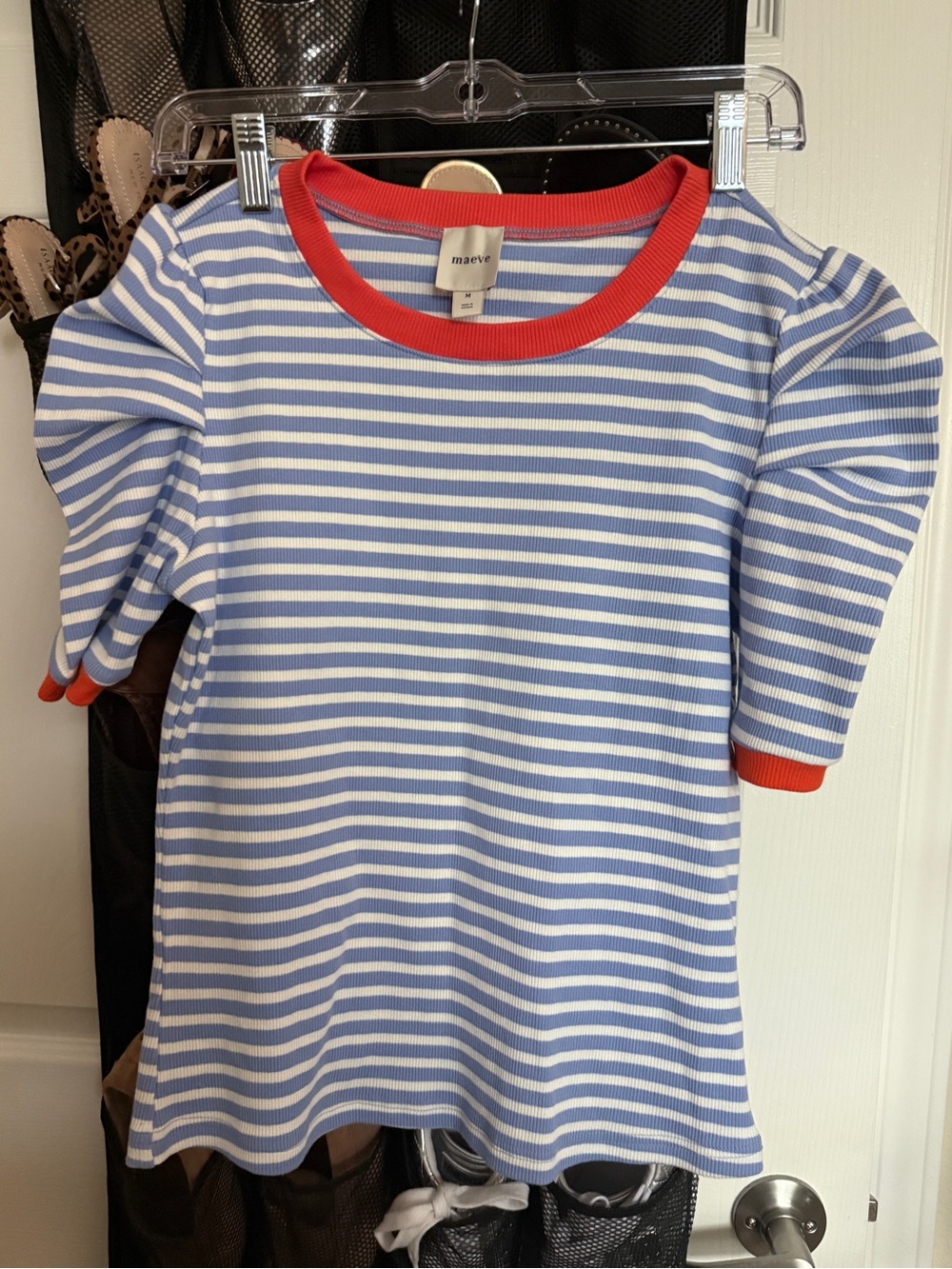 Maeve Anthropologie Striped Puff Sleeve Ribbed Top